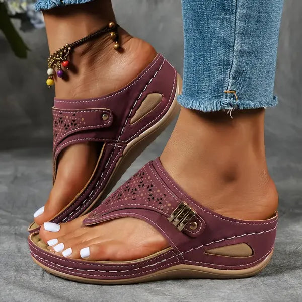 Comfortable Laser Cut Wedge Sandal for Women with Toe Post Buckle Strap Orthopedic Style