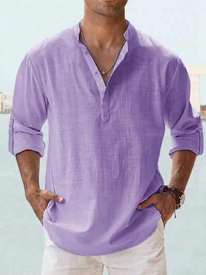 Effortless Linen Shirt for Women with Stand Collar Long Sleeve Button Placket Relaxed Casual Style
