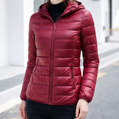 Refined Hooded Puffer Jacket for Women with Front Zip Lightweight Quilted Insulated Packable Cold Weather Style