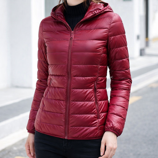 Refined Hooded Puffer Jacket for Women with Front Zip Lightweight Quilted Insulated Packable Cold Weather Style