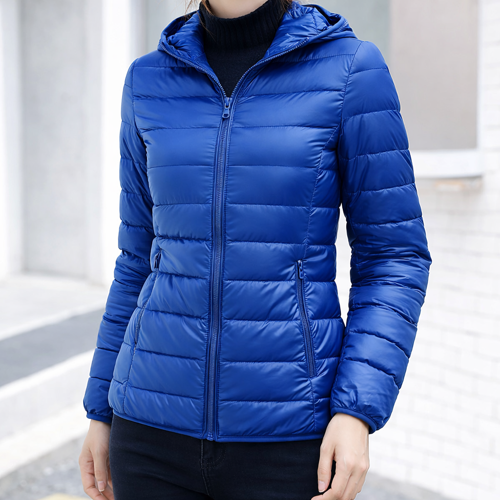 Refined Hooded Puffer Jacket for Women with Front Zip Lightweight Quilted Insulated Packable Cold Weather Style