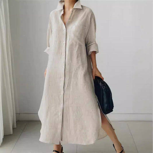 Effortless Linen Shirt Dress for Women with Collar Long Sleeve Button Front Relaxed Flowing Style