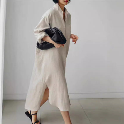 Effortless Linen Shirt Dress for Women with Collar Long Sleeve Button Front Relaxed Flowing Style