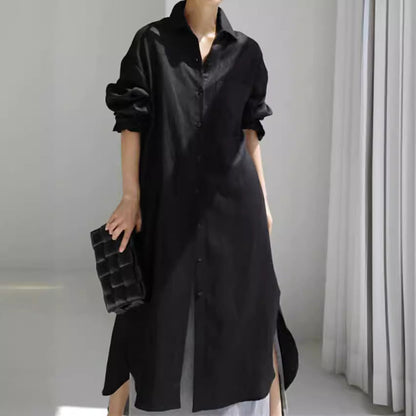 Effortless Linen Shirt Dress for Women with Collar Long Sleeve Button Front Relaxed Flowing Style