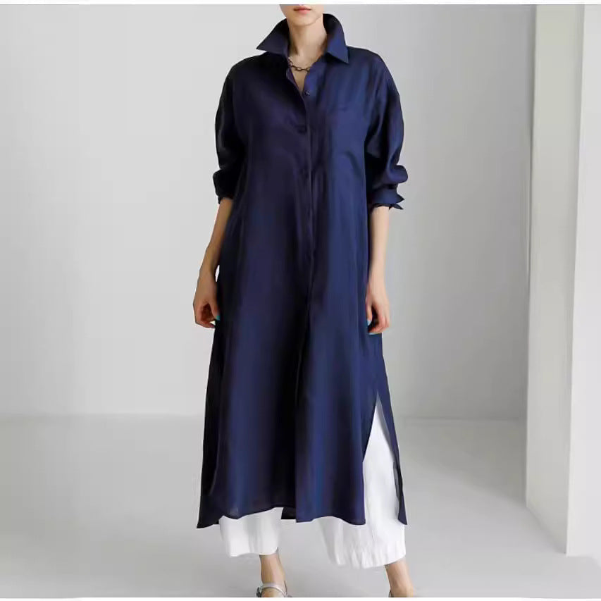 Effortless Linen Shirt Dress for Women with Collar Long Sleeve Button Front Relaxed Flowing Style