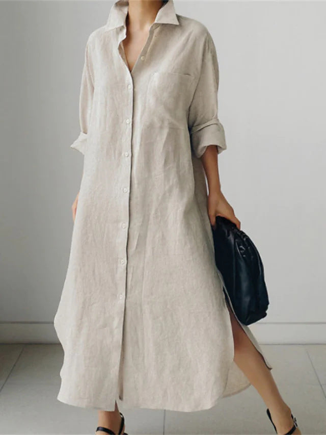 Effortless Linen Shirt Dress for Women with Collar Long Sleeve Button Front Relaxed Flowing Style