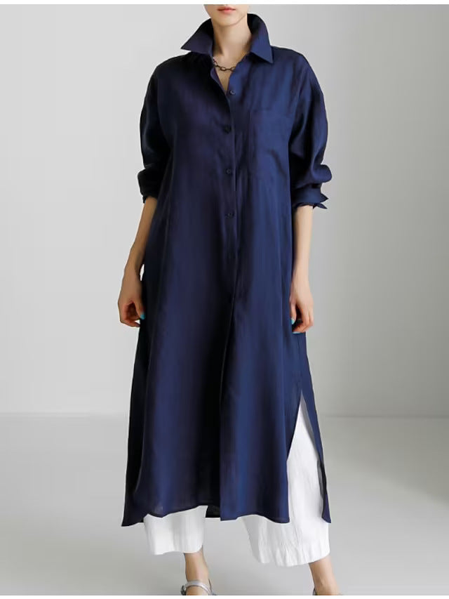Effortless Linen Shirt Dress for Women with Collar Long Sleeve Button Front Relaxed Flowing Style