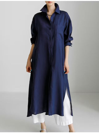 Effortless Linen Shirt Dress for Women with Collar Long Sleeve Button Front Relaxed Flowing Style