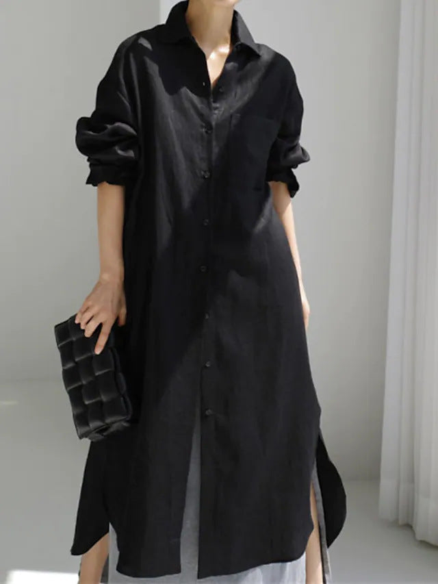 Effortless Linen Shirt Dress for Women with Collar Long Sleeve Button Front Relaxed Flowing Style