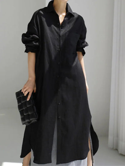 Effortless Linen Shirt Dress for Women with Collar Long Sleeve Button Front Relaxed Flowing Style