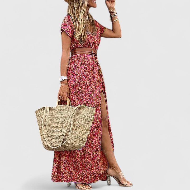 Effortless Paisley Maxi Dress for Women with V Neck Cap Sleeve Wrap Belted Bohemian Style