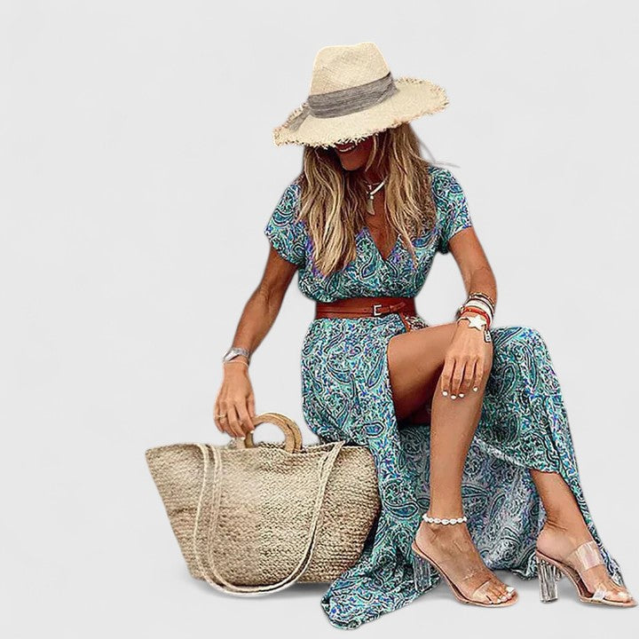 Effortless Paisley Maxi Dress for Women with V Neck Cap Sleeve Wrap Belted Bohemian Style