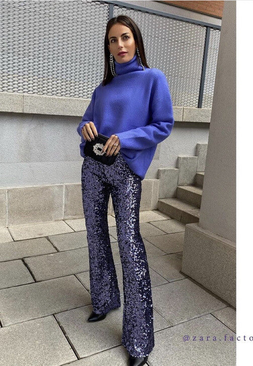 Elegant Sequin Flare Pants for Women with High Waist Sparkle Formal Party Style