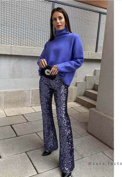 Elegant Sequin Flare Pants for Women with High Waist Sparkle Formal Party Style