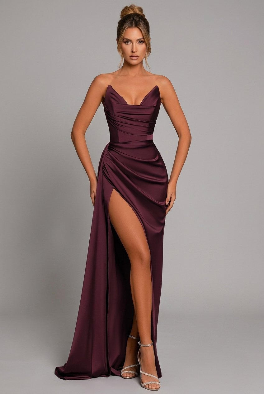 Elegant Satin Maxi Dress for Women with Cowl Neck Strapless Ruched High Slit Formal Wedding Guest Style
