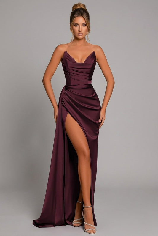 Elegant Satin Maxi Dress for Women with Cowl Neck Strapless Ruched High Slit Formal Wedding Guest Style