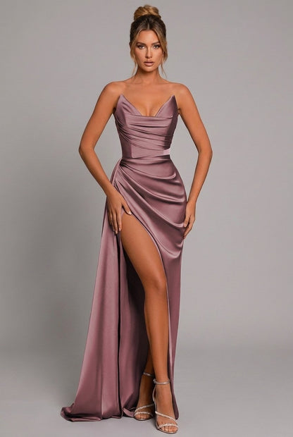 Elegant Satin Maxi Dress for Women with Cowl Neck Strapless Ruched High Slit Formal Wedding Guest Style