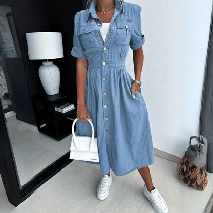 Elegant Blue Denim Dress for Women with Collar Short Sleeve Button Front Midi Style