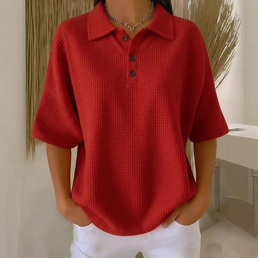 Effortless Waffle Knit Polo Blouse for Women with Collar Short Sleeve Button Placket Relaxed Style