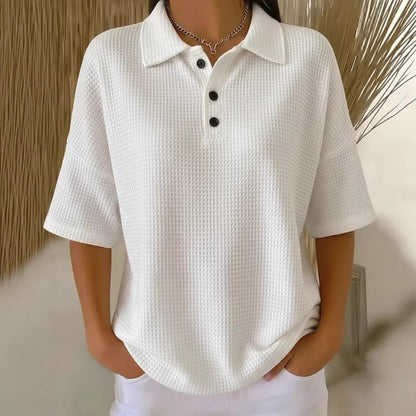 Effortless Waffle Knit Polo Blouse for Women with Collar Short Sleeve Button Placket Relaxed Style
