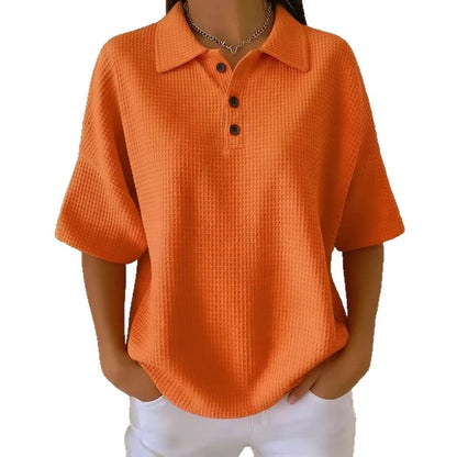 Effortless Waffle Knit Polo Blouse for Women with Collar Short Sleeve Button Placket Relaxed Style