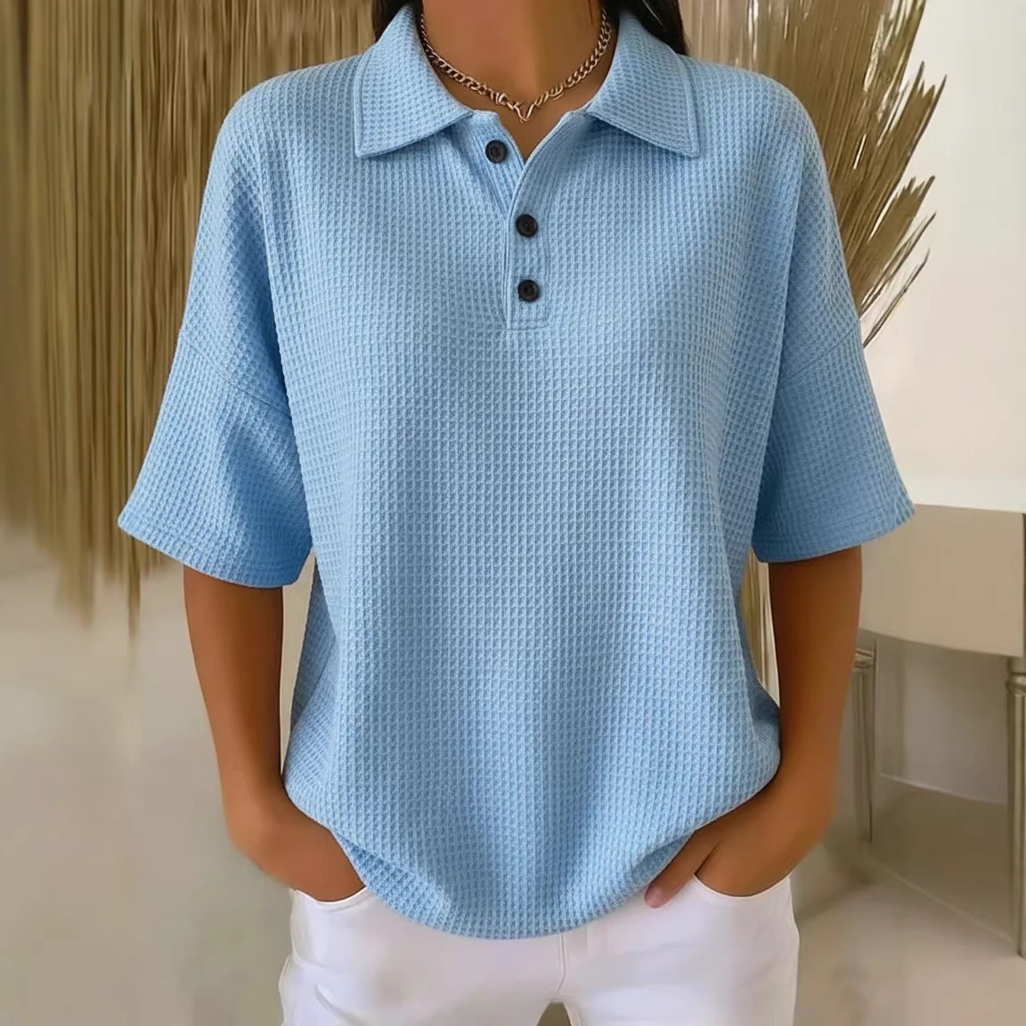 Effortless Waffle Knit Polo Blouse for Women with Collar Short Sleeve Button Placket Relaxed Style