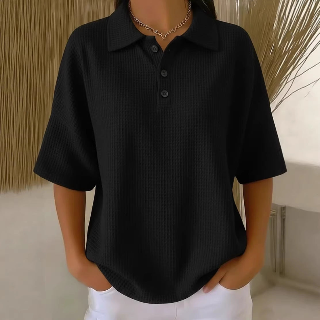 Effortless Waffle Knit Polo Blouse for Women with Collar Short Sleeve Button Placket Relaxed Style