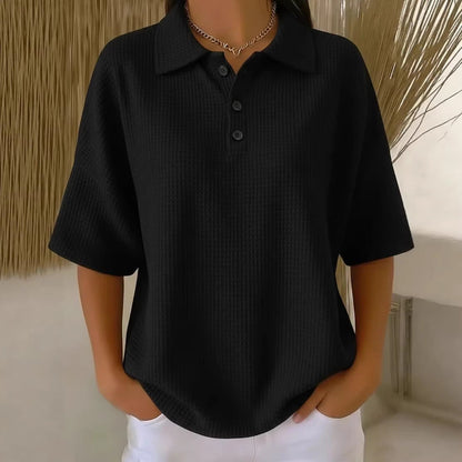 Effortless Waffle Knit Polo Blouse for Women with Collar Short Sleeve Button Placket Relaxed Style