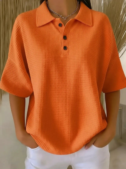 Effortless Waffle Knit Polo Blouse for Women with Collar Short Sleeve Button Placket Relaxed Style
