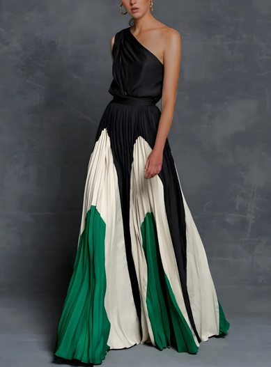 Elegant Color Block Pleated Maxi Dress for Women with One Shoulder Sleeveless Flowing Formal Party Style