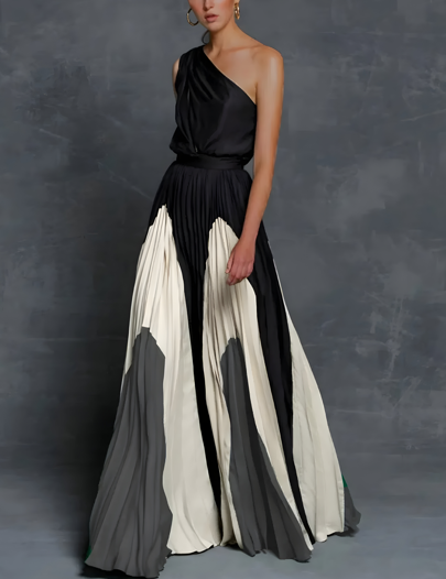 Elegant Color Block Pleated Maxi Dress for Women with One Shoulder Sleeveless Flowing Formal Party Style