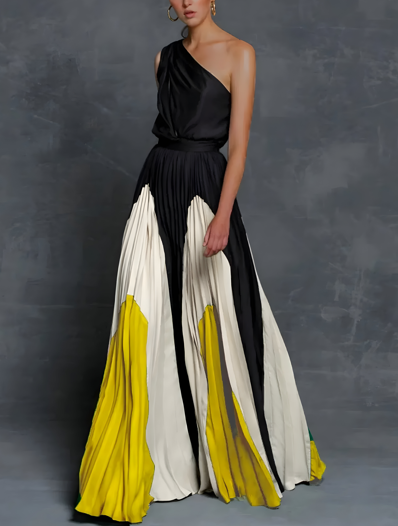 Elegant Color Block Pleated Maxi Dress for Women with One Shoulder Sleeveless Flowing Formal Party Style