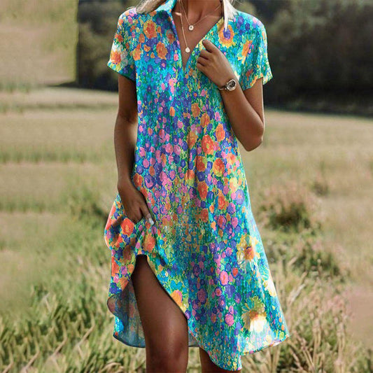 Effortless Floral Print Midi Dress for Women with V Neck Short Sleeve Side Slit Flowing Boho Style
