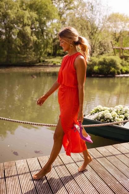 Effortless Midi Dress for Women with Halter Neck Sleeveless Blouson Side Slit Wedding Guest Style