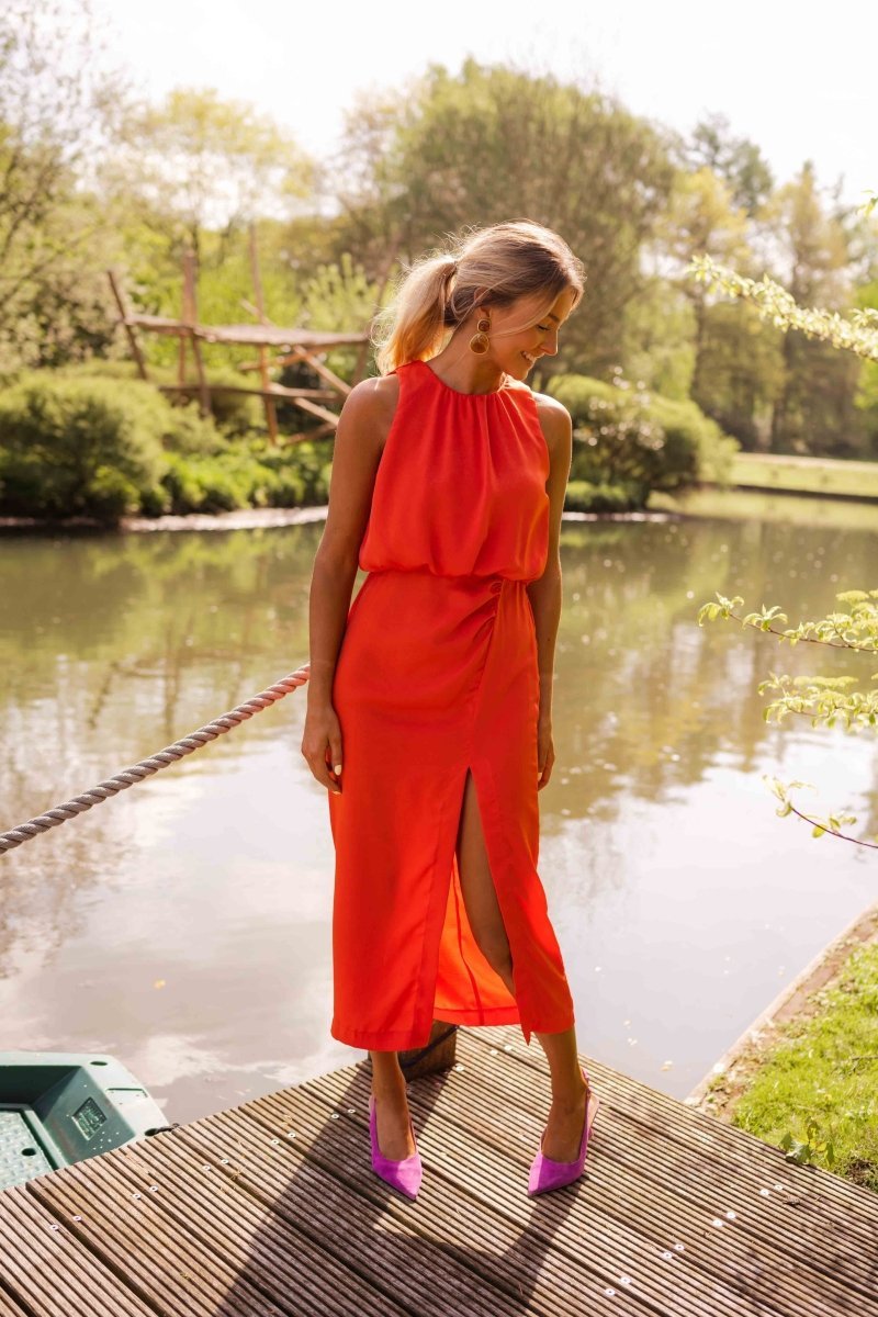 Effortless Midi Dress for Women with Halter Neck Sleeveless Blouson Side Slit Wedding Guest Style