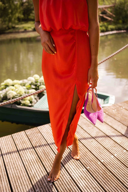 Effortless Midi Dress for Women with Halter Neck Sleeveless Blouson Side Slit Wedding Guest Style
