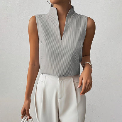 Effortless Ribbed Blouse for Women with Mock Neck Sleeveless Relaxed Tank Style