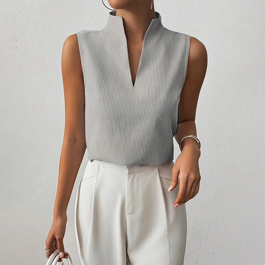 Effortless Ribbed Blouse for Women with Mock Neck Sleeveless Relaxed Tank Style