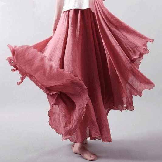Effortless Linen Maxi Skirt for Women with Elastic Waist Ruffled Hem Flowing Bohemian Style