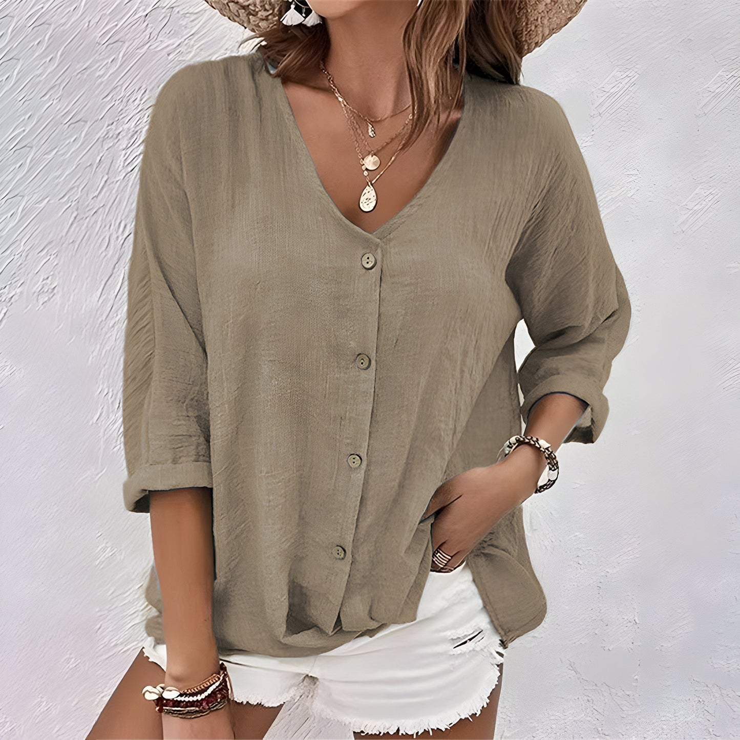 Effortless Linen Blouse for Women with V Neck Elbow Sleeve Button Front Relaxed Style