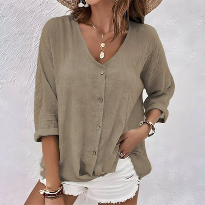 Effortless Linen Blouse for Women with V Neck Elbow Sleeve Button Front Relaxed Style