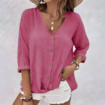 Effortless Linen Blouse for Women with V Neck Elbow Sleeve Button Front Relaxed Style