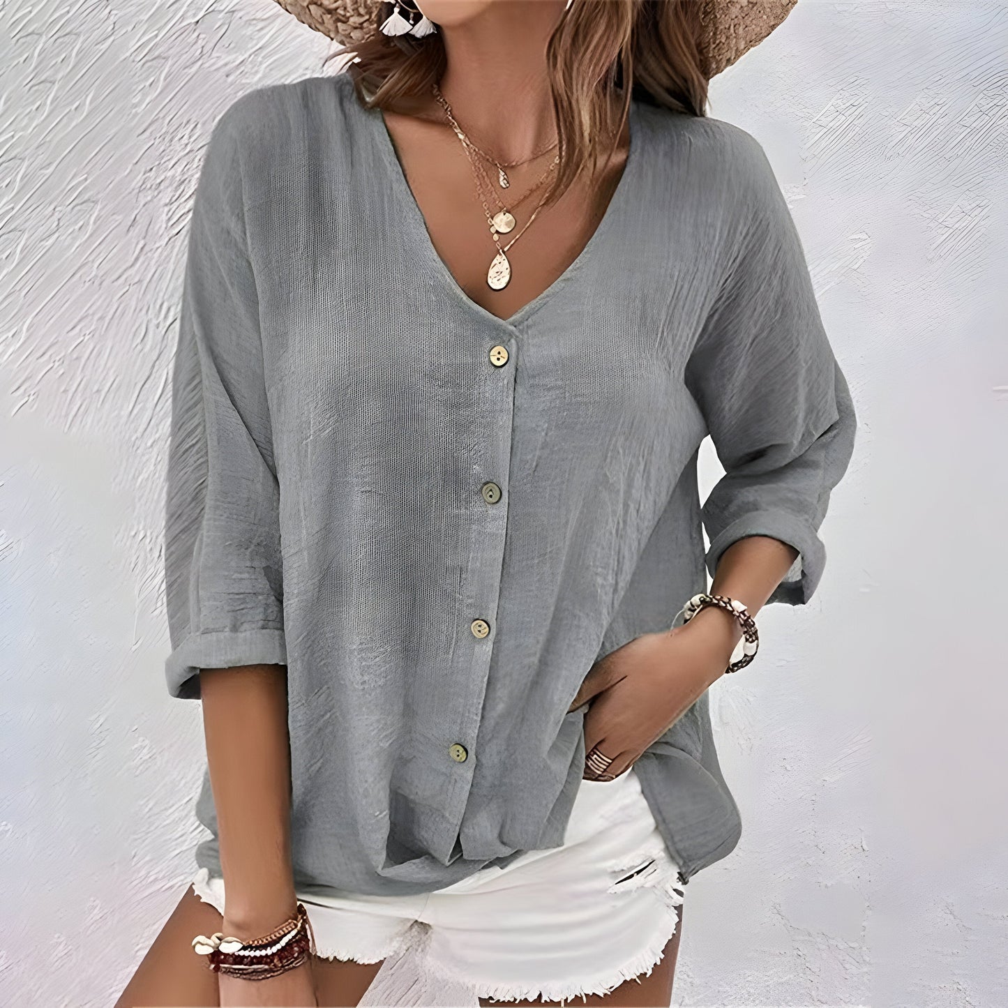 Effortless Linen Blouse for Women with V Neck Elbow Sleeve Button Front Relaxed Style