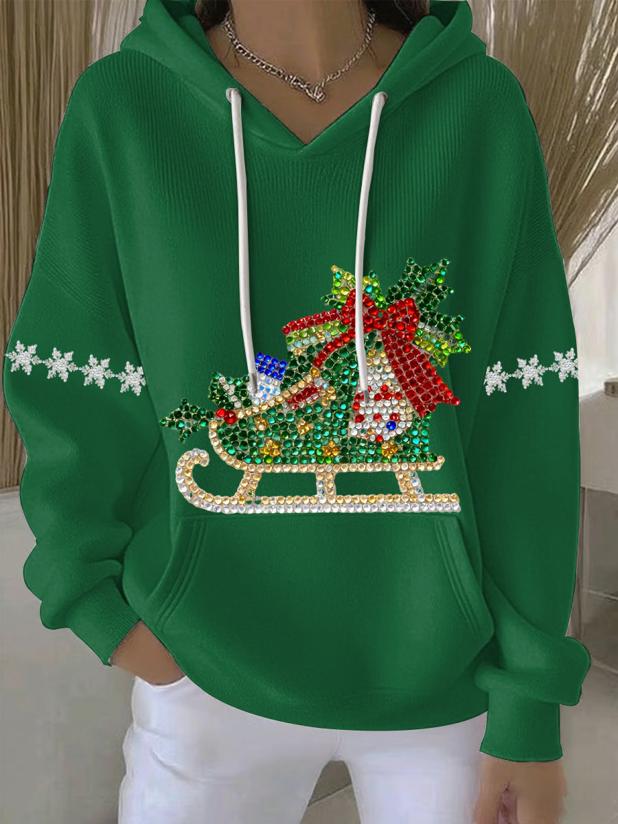 Comfortable Rhinestone Sleigh Sweater for Women with Hooded Long Sleeve Oversized Christmas Style