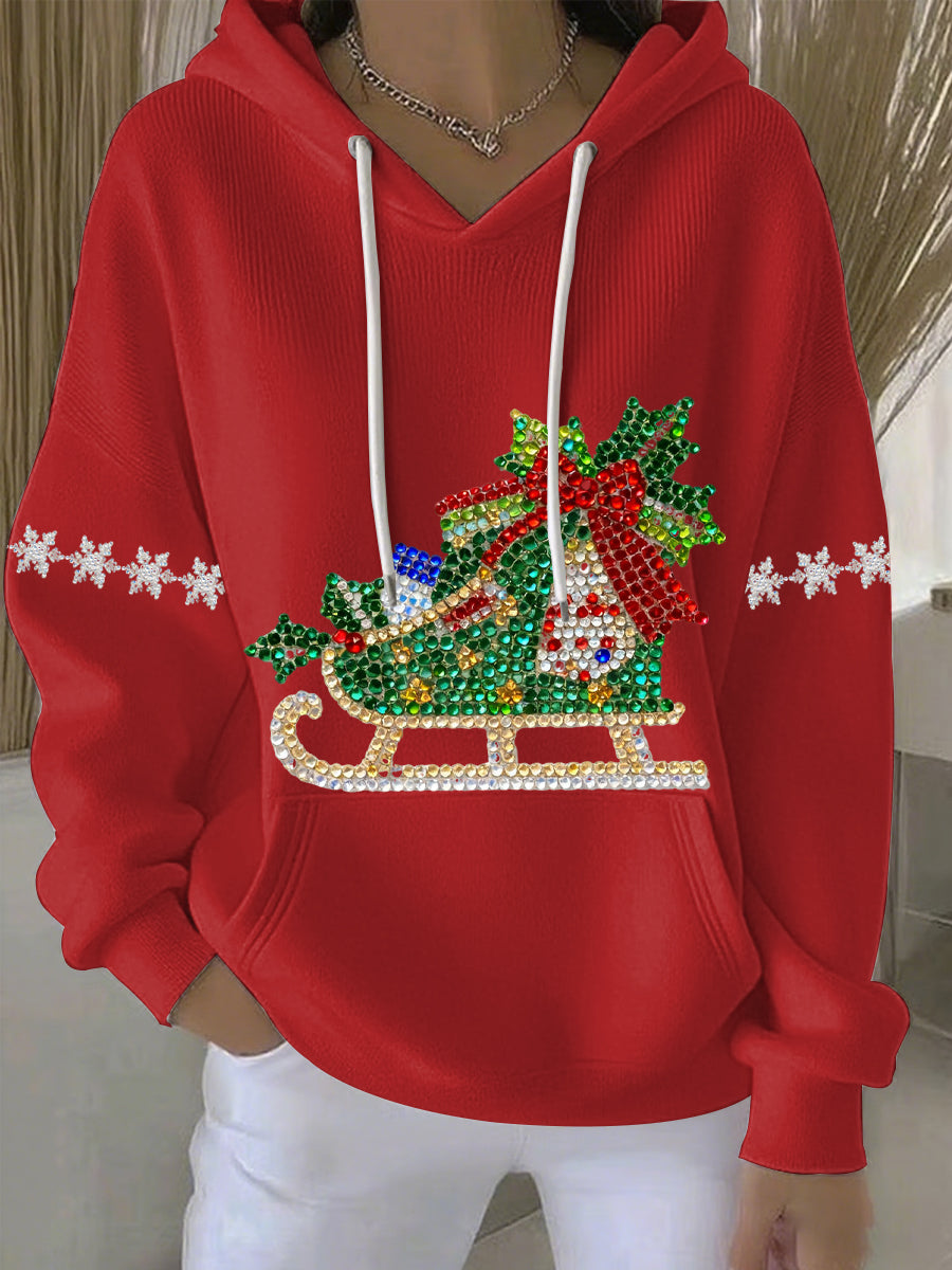 Comfortable Rhinestone Sleigh Sweater for Women with Hooded Long Sleeve Oversized Christmas Style