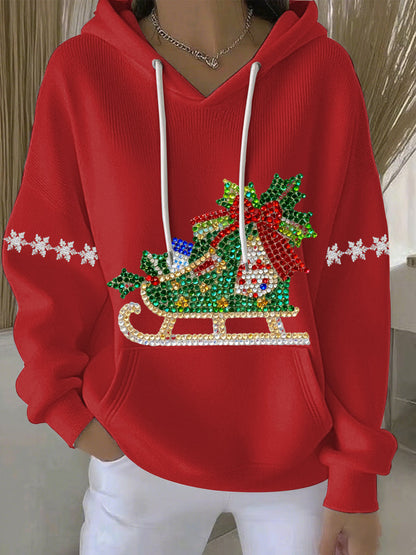 Comfortable Rhinestone Sleigh Sweater for Women with Hooded Long Sleeve Oversized Christmas Style