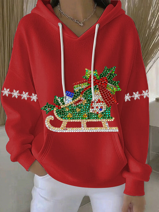 Comfortable Rhinestone Sleigh Sweater for Women with Hooded Long Sleeve Oversized Christmas Style