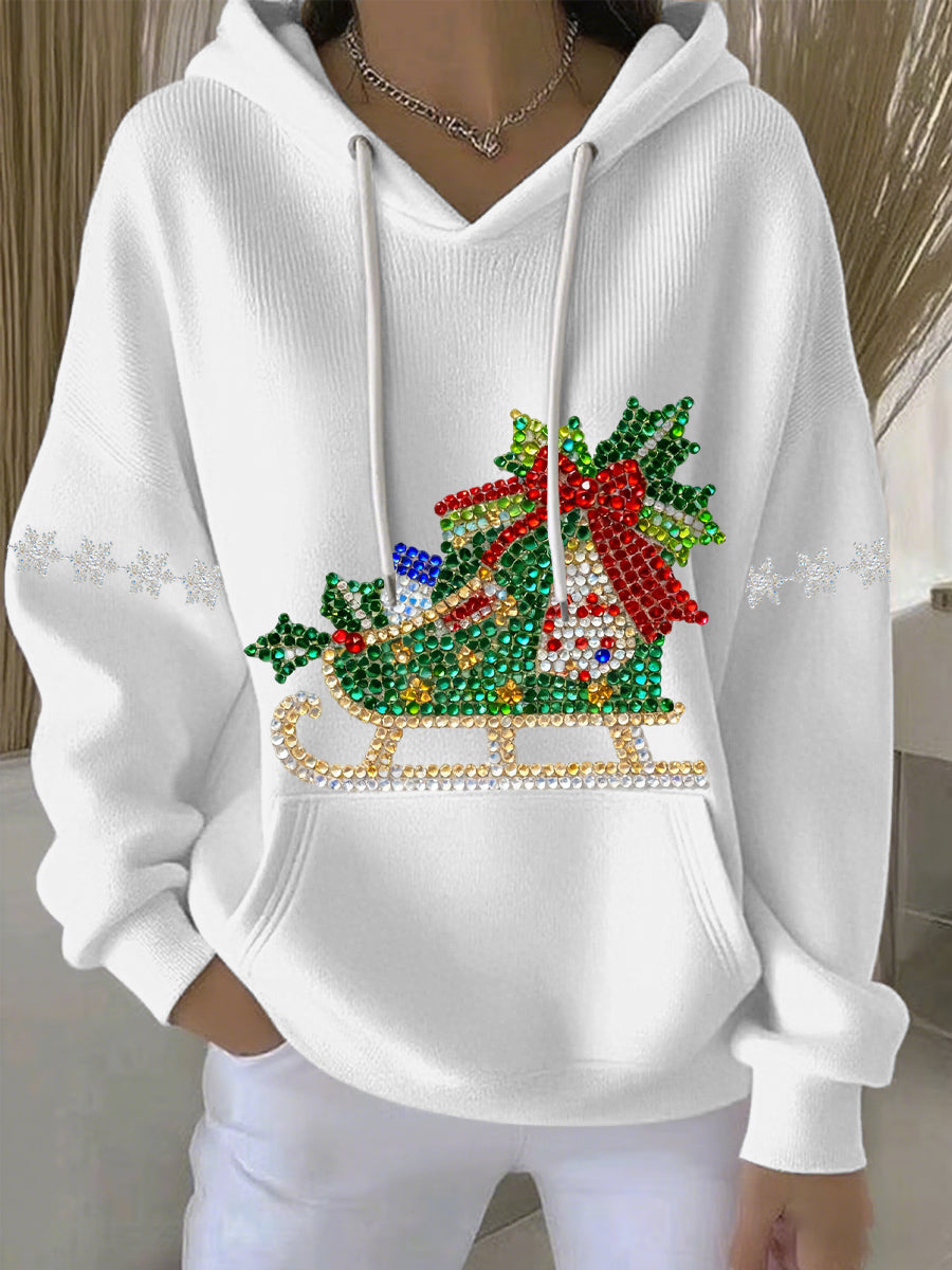 Comfortable Rhinestone Sleigh Sweater for Women with Hooded Long Sleeve Oversized Christmas Style