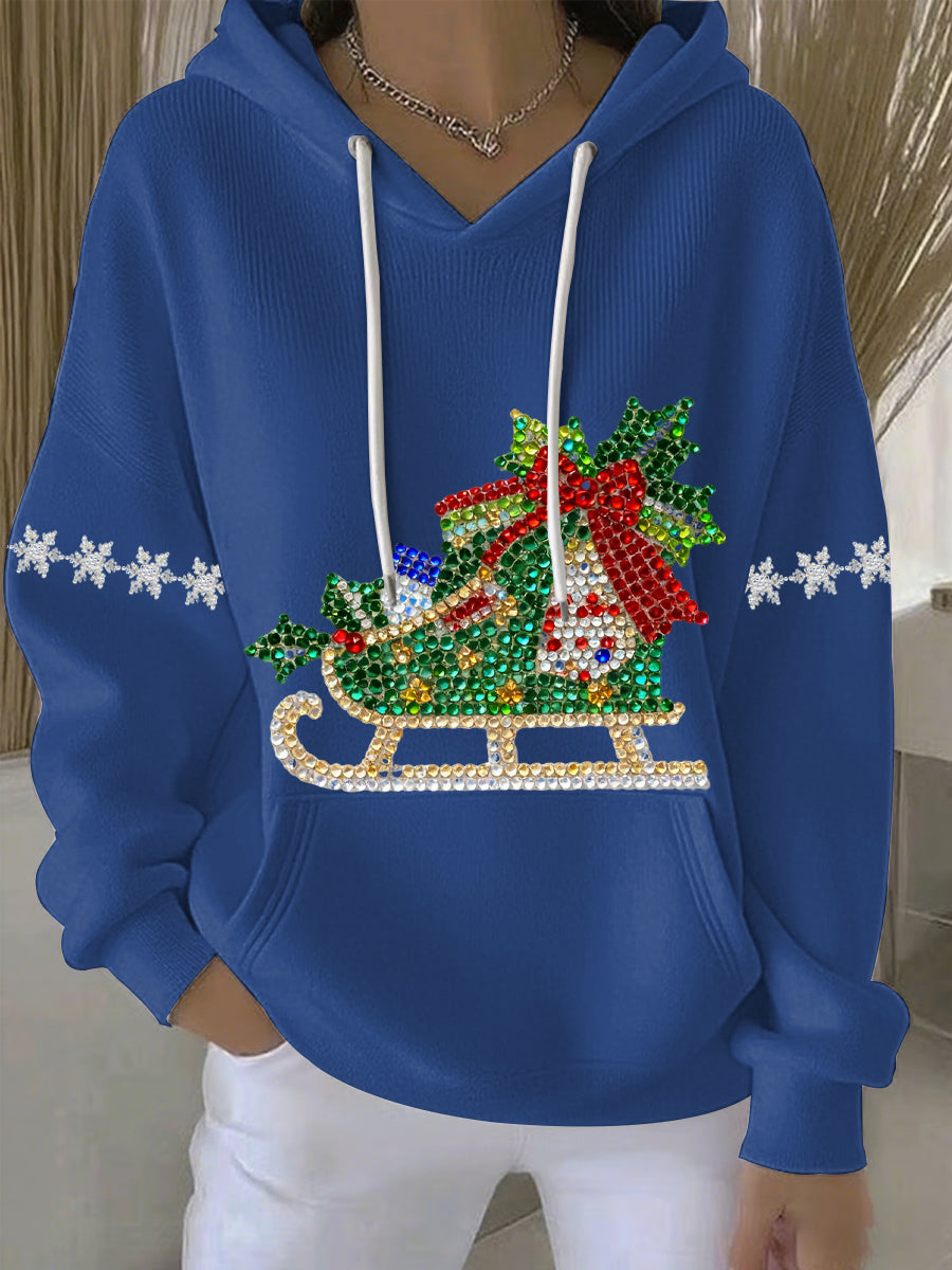 Comfortable Rhinestone Sleigh Sweater for Women with Hooded Long Sleeve Oversized Christmas Style