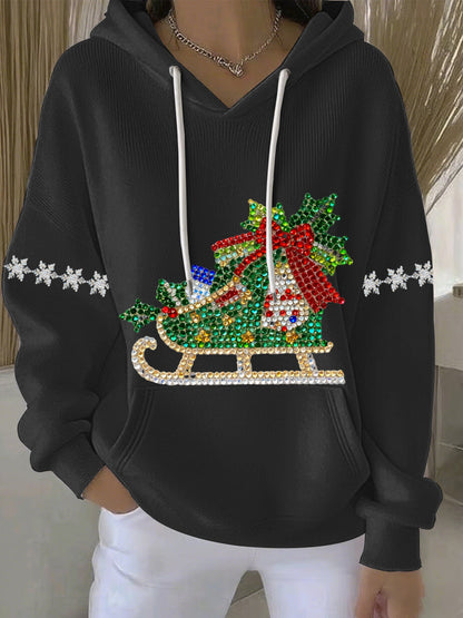 Comfortable Rhinestone Sleigh Sweater for Women with Hooded Long Sleeve Oversized Christmas Style